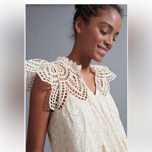 NWT Anthropologie Blue Tassel Cream Charlize Eyelet Lace Blouse Size 1X